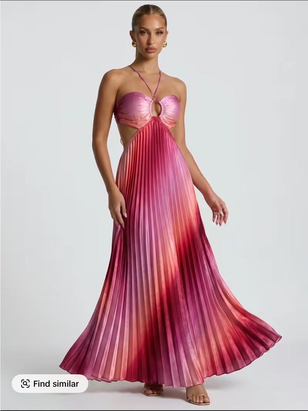 Gradient Pink Pleated Maxi Dress with Halter Detail